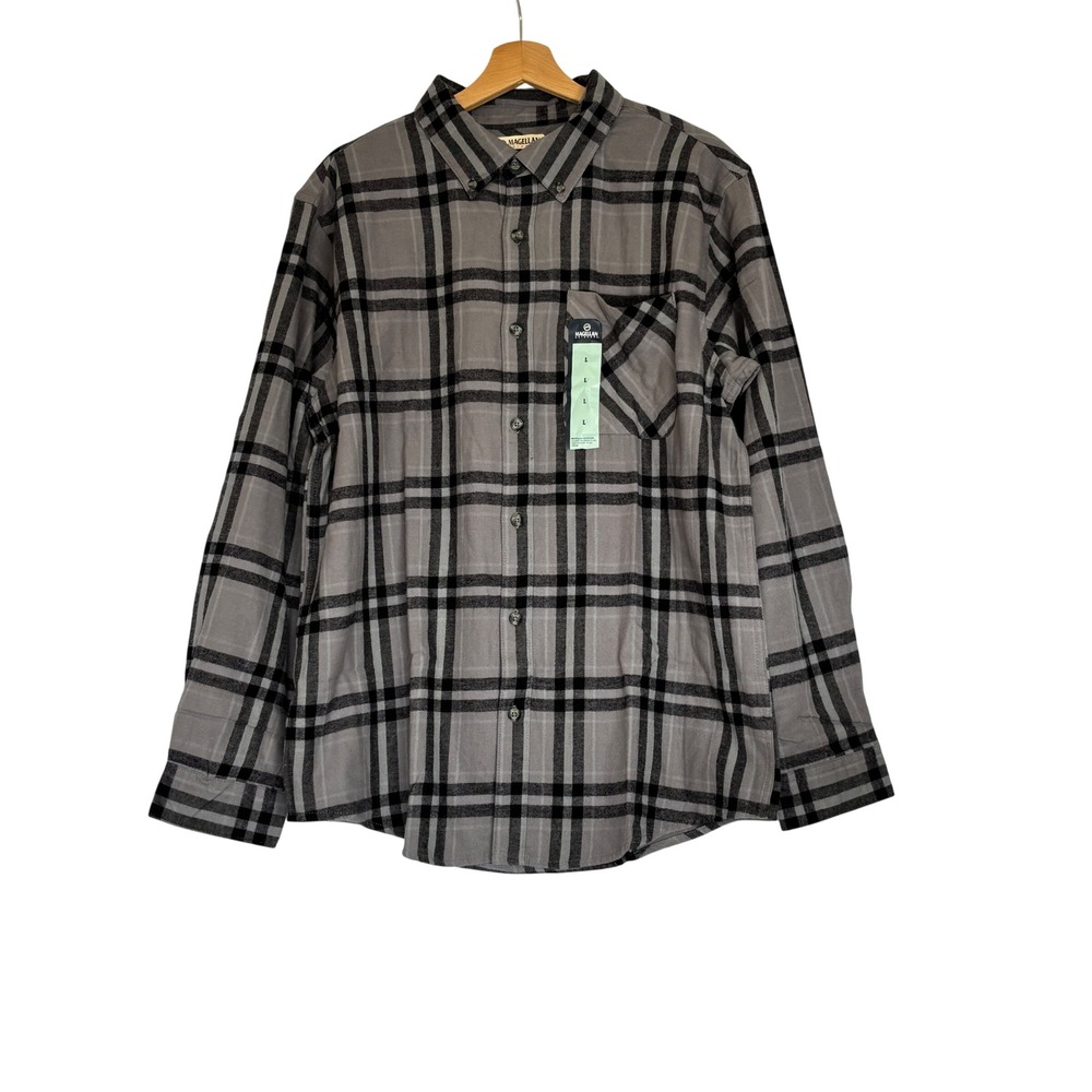 Magellan Outdoors Mens L Canyon Creek Plaid Flannel Shirt Grey Black Gorpcore